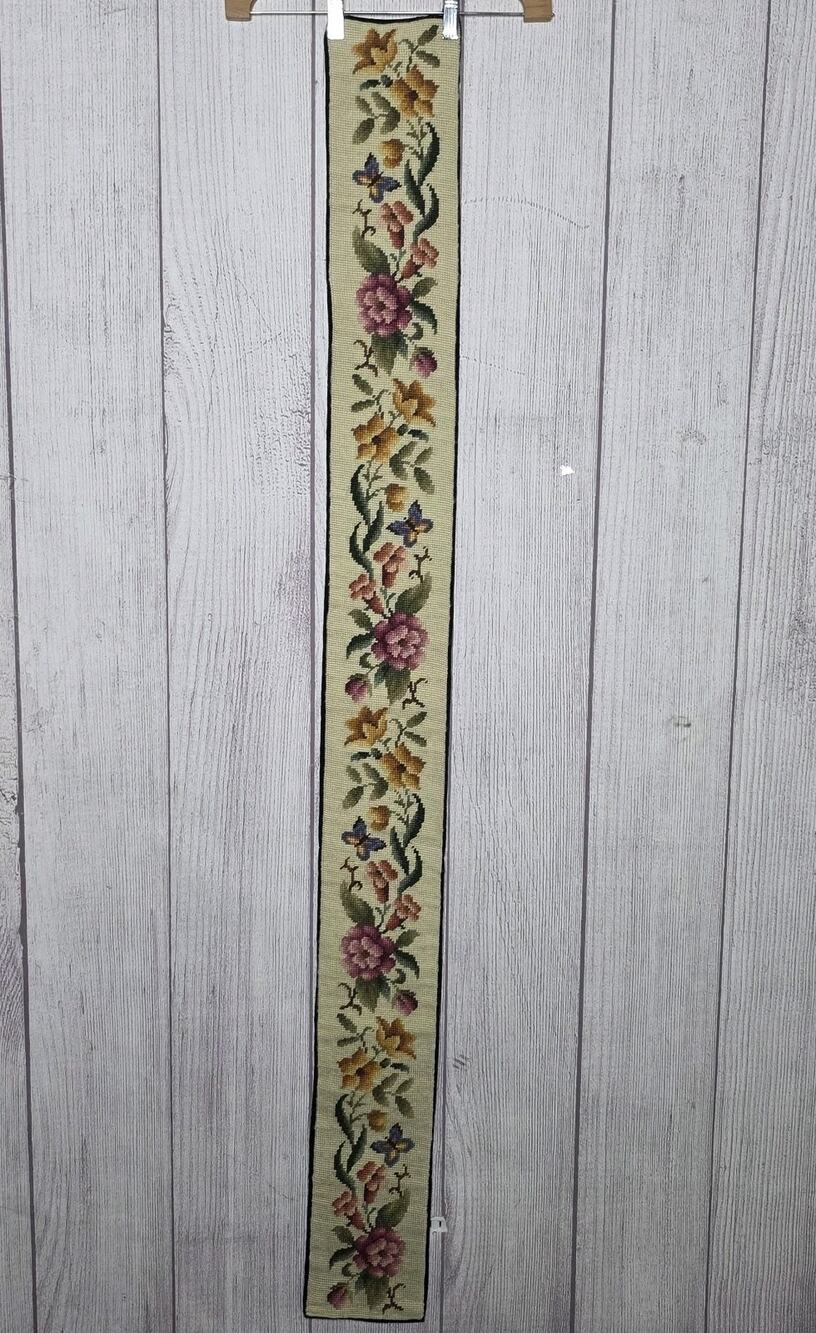 Vintage Needlepoint Bell Pull Table Runner Floral Butterfly Velvet Backed - 60"